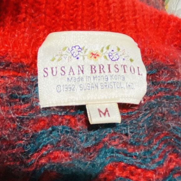 Vintage Susan Bristol Sz M Red Plaid Mohair Wool Blend Cardigan Sweater Classic - Picture 9 of 12